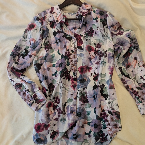 T Tahari Floral Stripe Snap Front Blouse Satin M - Picture 2 of 14